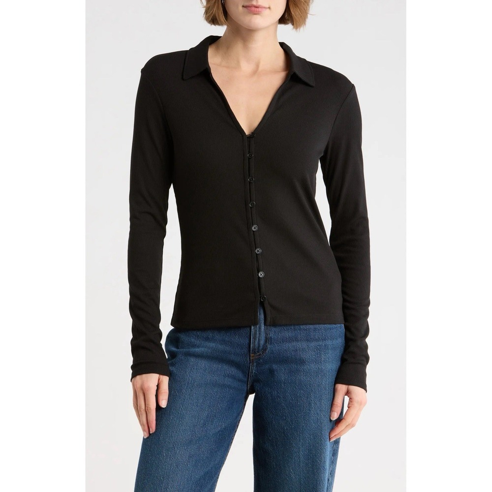 Sanctuary Johnny Collar Ribbed Button Up Top Womens Large Black NWOT